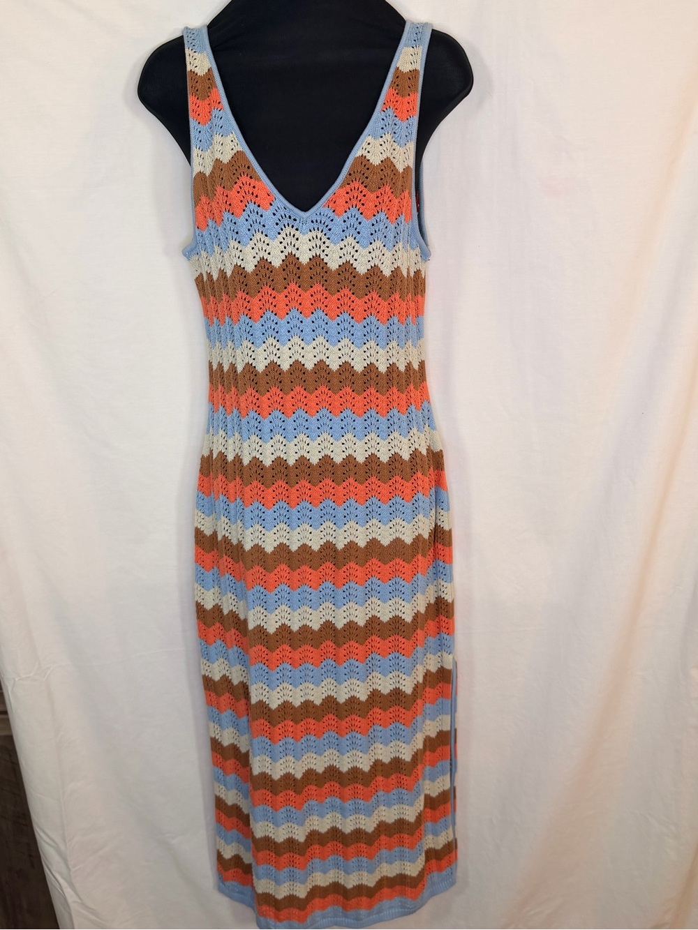 Rip Curl Sleeveless Chevron Knit Maxi Dress in Light Blue, Coral & Brown NWT